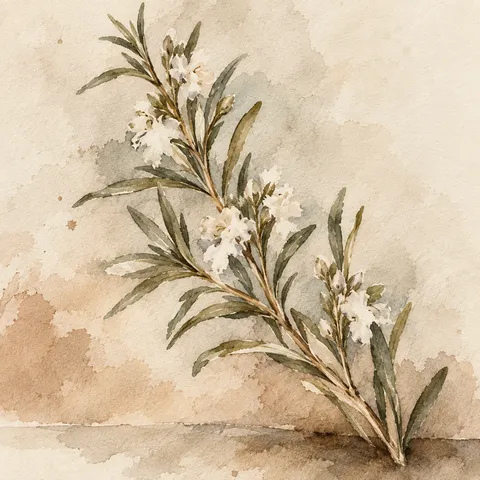 A sprig of rosemary in cream, stone, sand, taupe; square artwork.