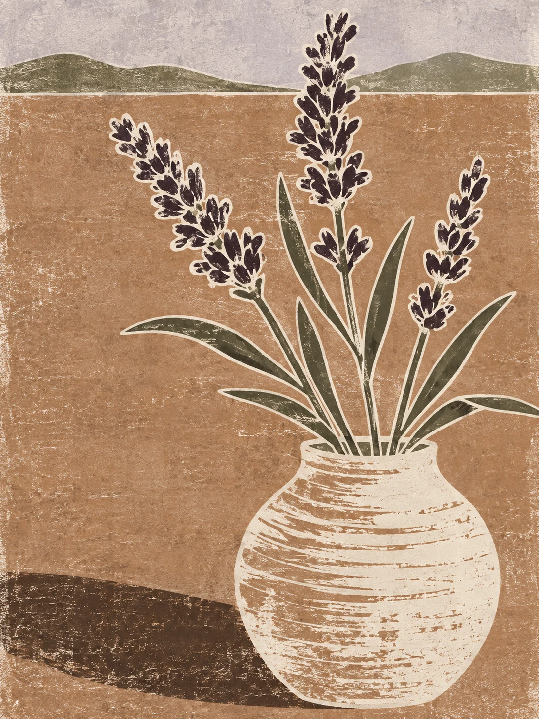 Three stems of lavender in ochre, cream, blush, brown; portrait artwork.