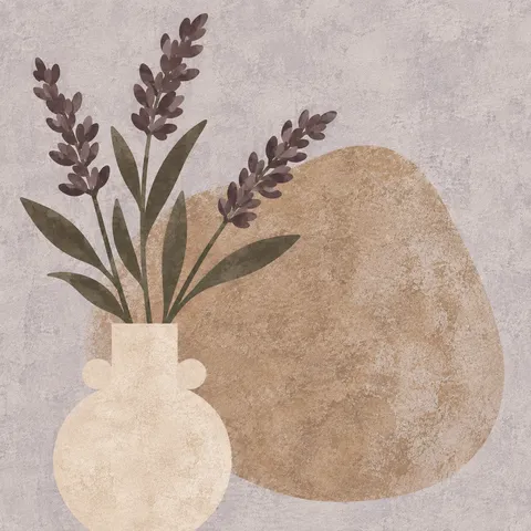 Three stems of lavender in stone, sand, cream, olive; square artwork.