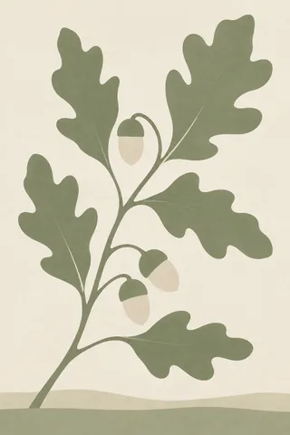 A branch of oak leaves with acorns in cream, taupe, sage, sand; portrait artwork.