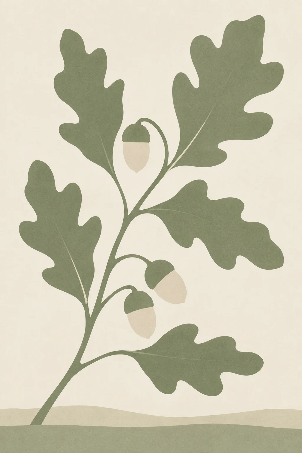 A branch of oak leaves with acorns in cream, taupe, sage, sand; portrait artwork.