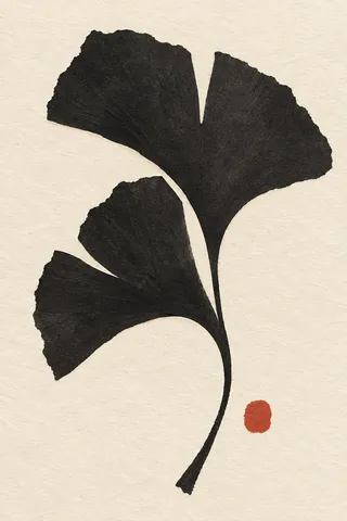 A ginkgo leaf fan in cream, black, taupe; portrait artwork.