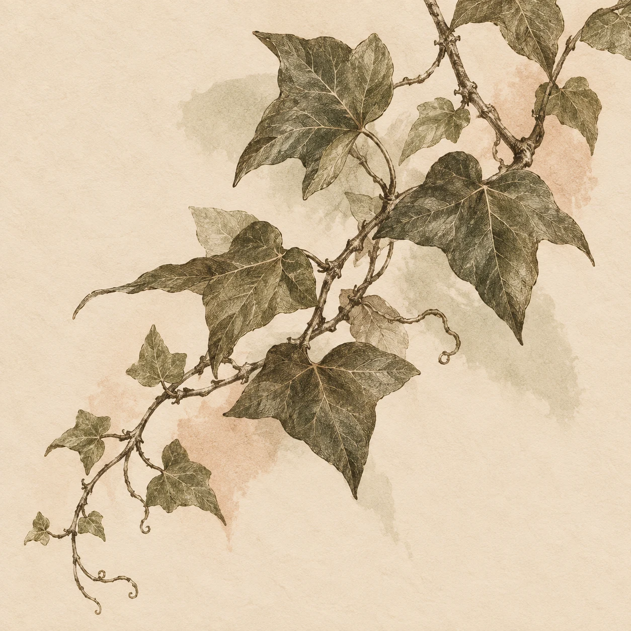 A trailing ivy stem in cream, sage, olive, stone; square artwork.