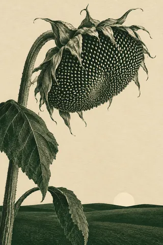A sunflower head gone to seed in cream, forest green, charcoal, olive; portrait artwork.
