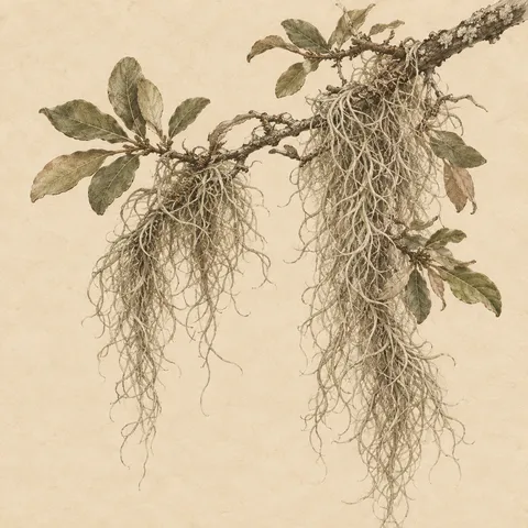 A strand of Spanish moss on a short branch in cream, sage, taupe, stone; square artwork.