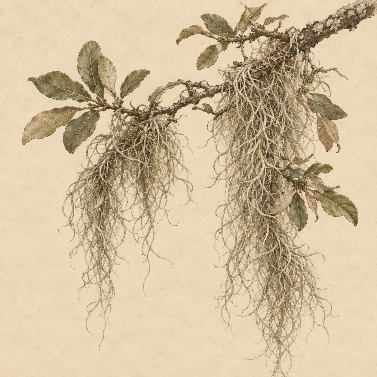A strand of Spanish moss on a short branch in cream, sage, taupe, stone; square artwork.