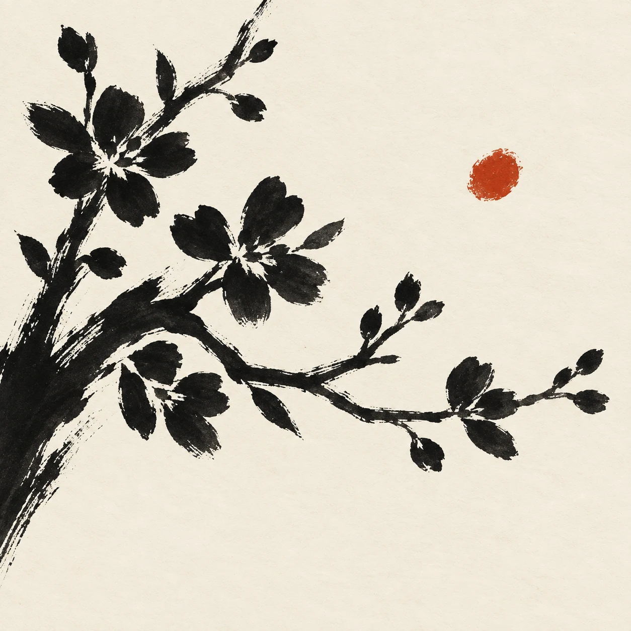 A branch of cherry blossom in white, black, charcoal, cream; square artwork.