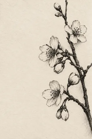 A branch of cherry blossom in cream, olive, stone; portrait artwork.