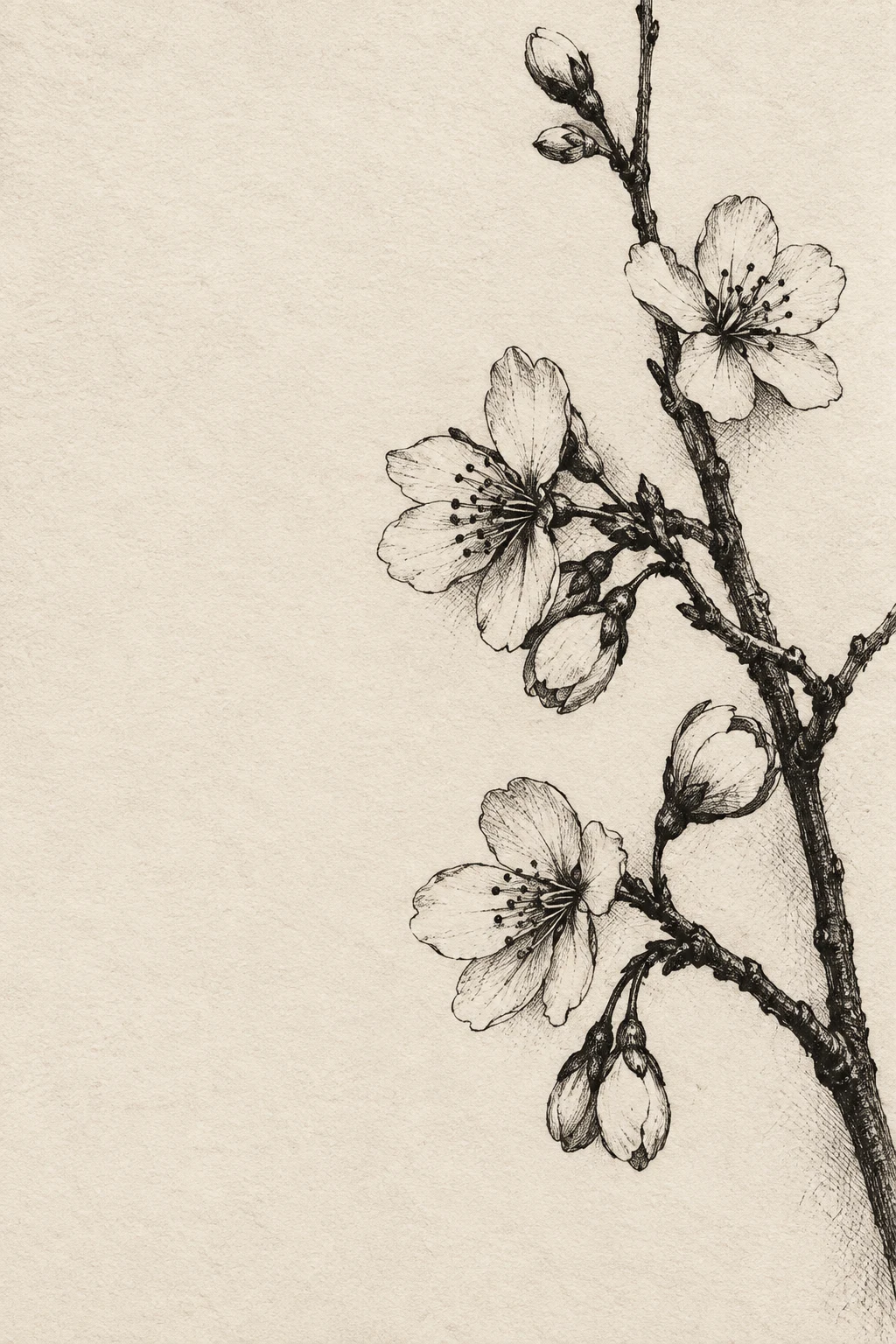 A branch of cherry blossom in cream, olive, stone; portrait artwork.