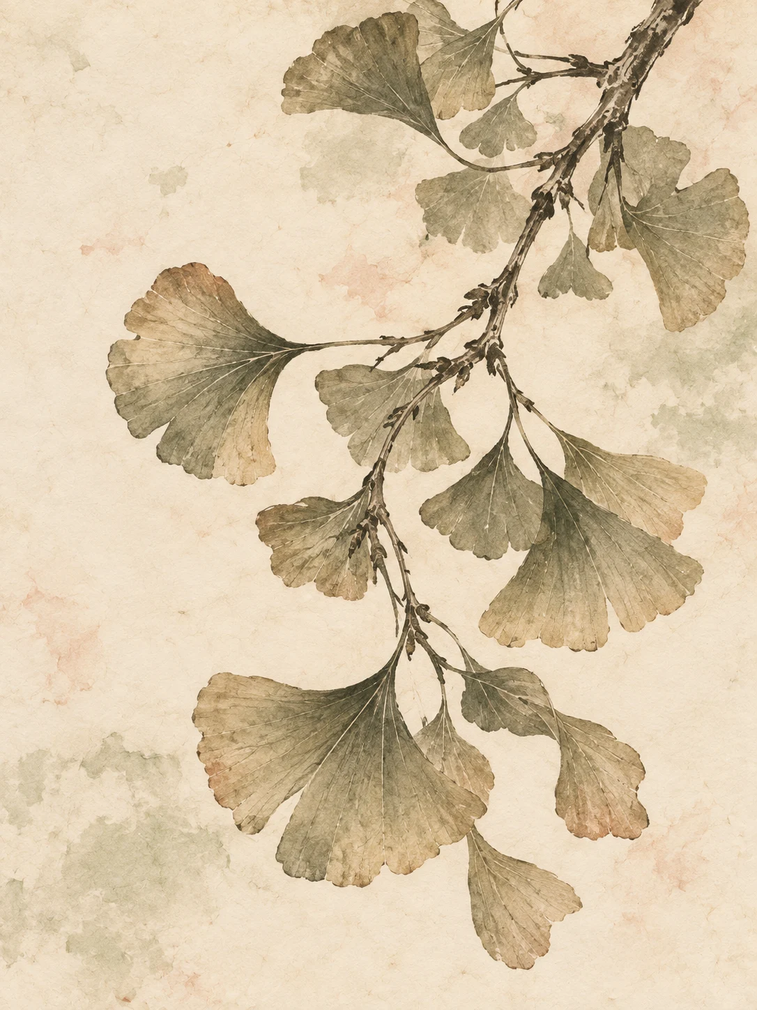 A ginkgo leaf fan in cream, sand, taupe, stone; portrait artwork.