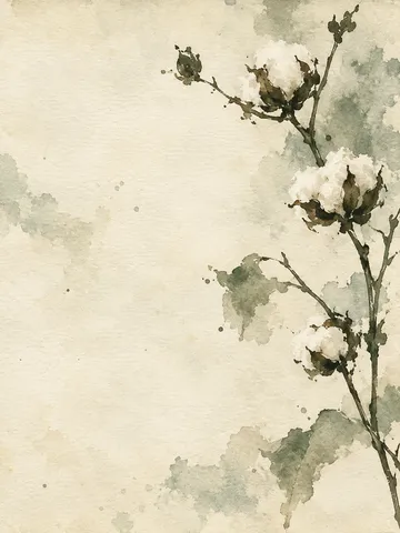 A stem of cotton with open bolls in cream, stone, taupe; portrait artwork.