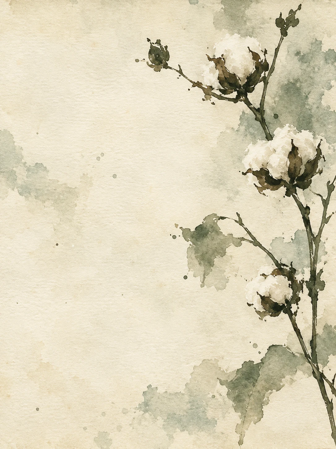 A stem of cotton with open bolls in cream, stone, taupe; portrait artwork.