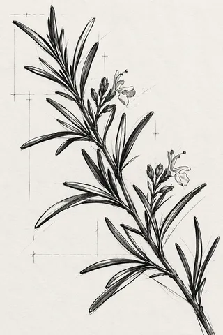 A sprig of rosemary in white, charcoal, stone, cream; portrait artwork.