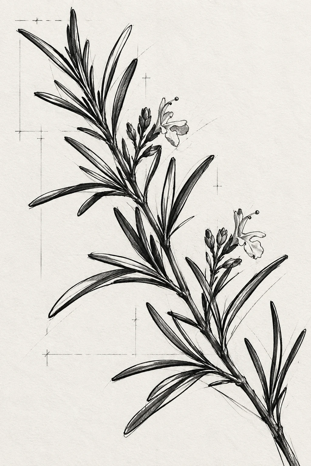 A sprig of rosemary in white, charcoal, stone, cream; portrait artwork.