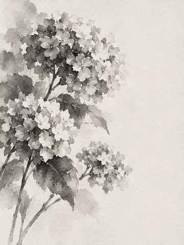 A cluster of hydrangea in cream, gray, stone, charcoal; portrait artwork.