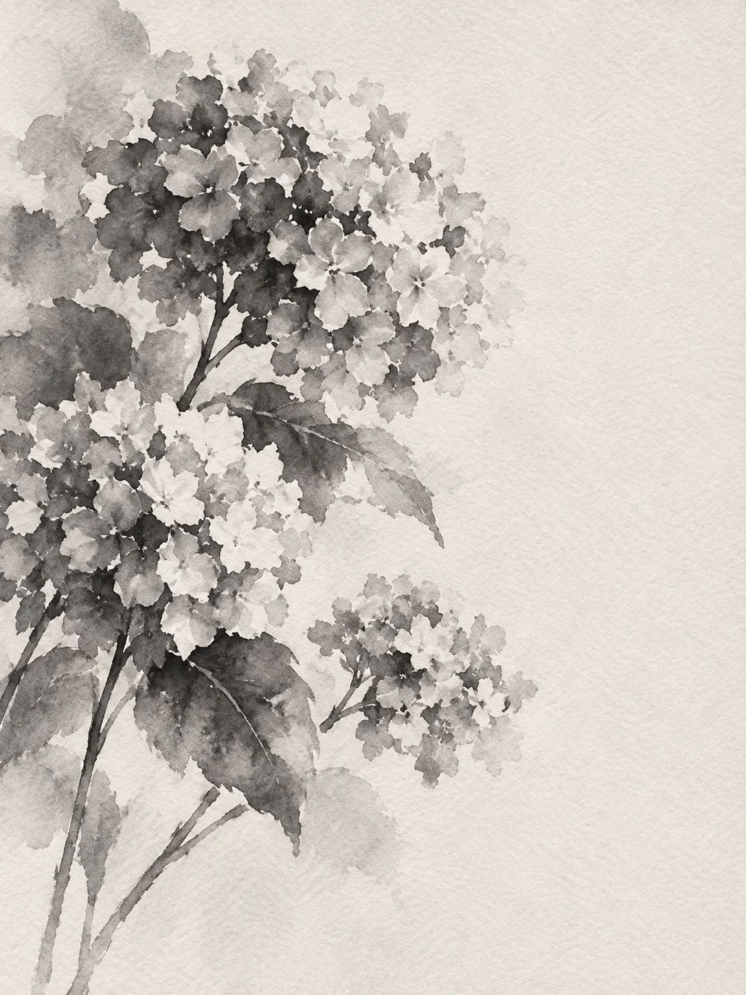 A cluster of hydrangea in cream, gray, stone, charcoal; portrait artwork.