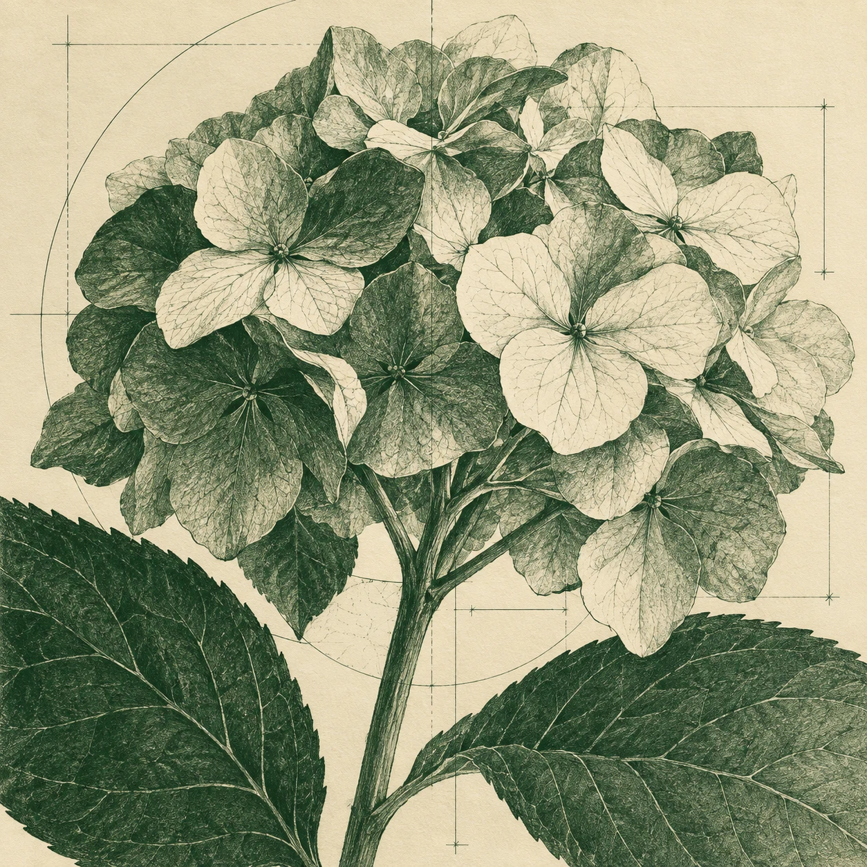 A pressed hydrangea head in cream, green, olive, taupe; square artwork.