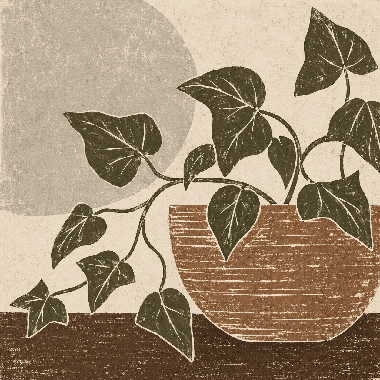 A trailing ivy stem in brown, cream, stone, taupe; square artwork.