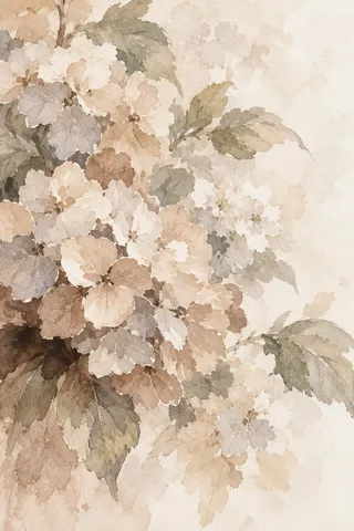 A cluster of hydrangea in cream, stone, sand, white; portrait artwork.