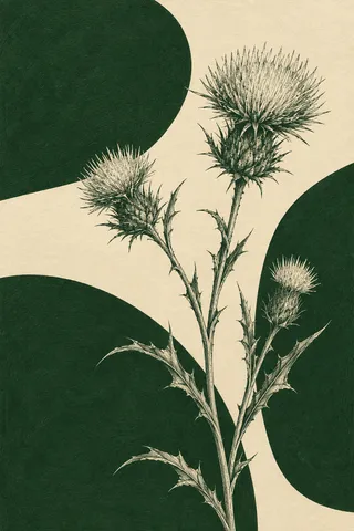 A wild thistle in forest green, cream, green, sand; portrait artwork.