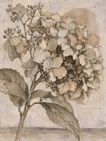 A pressed hydrangea head in stone, sand, taupe, gray; portrait artwork.