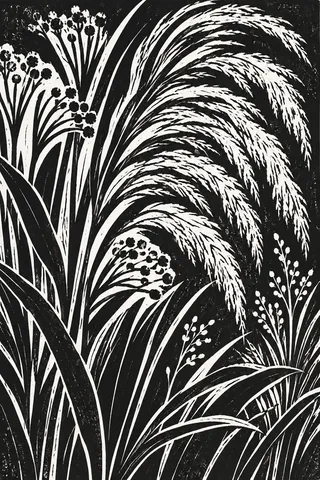 A wild grass plume in charcoal, black, gray, cream; portrait artwork.