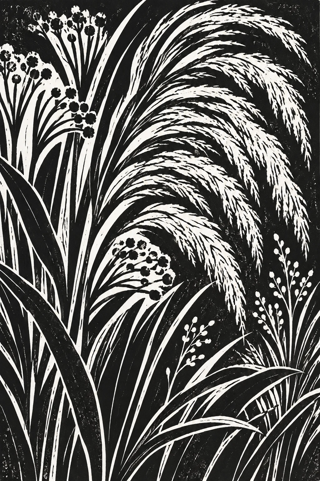 A wild grass plume in charcoal, black, gray, cream; portrait artwork.