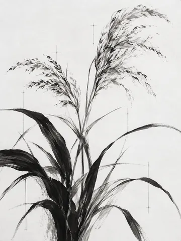 A wild grass plume in white, cream, gray, charcoal; portrait artwork.