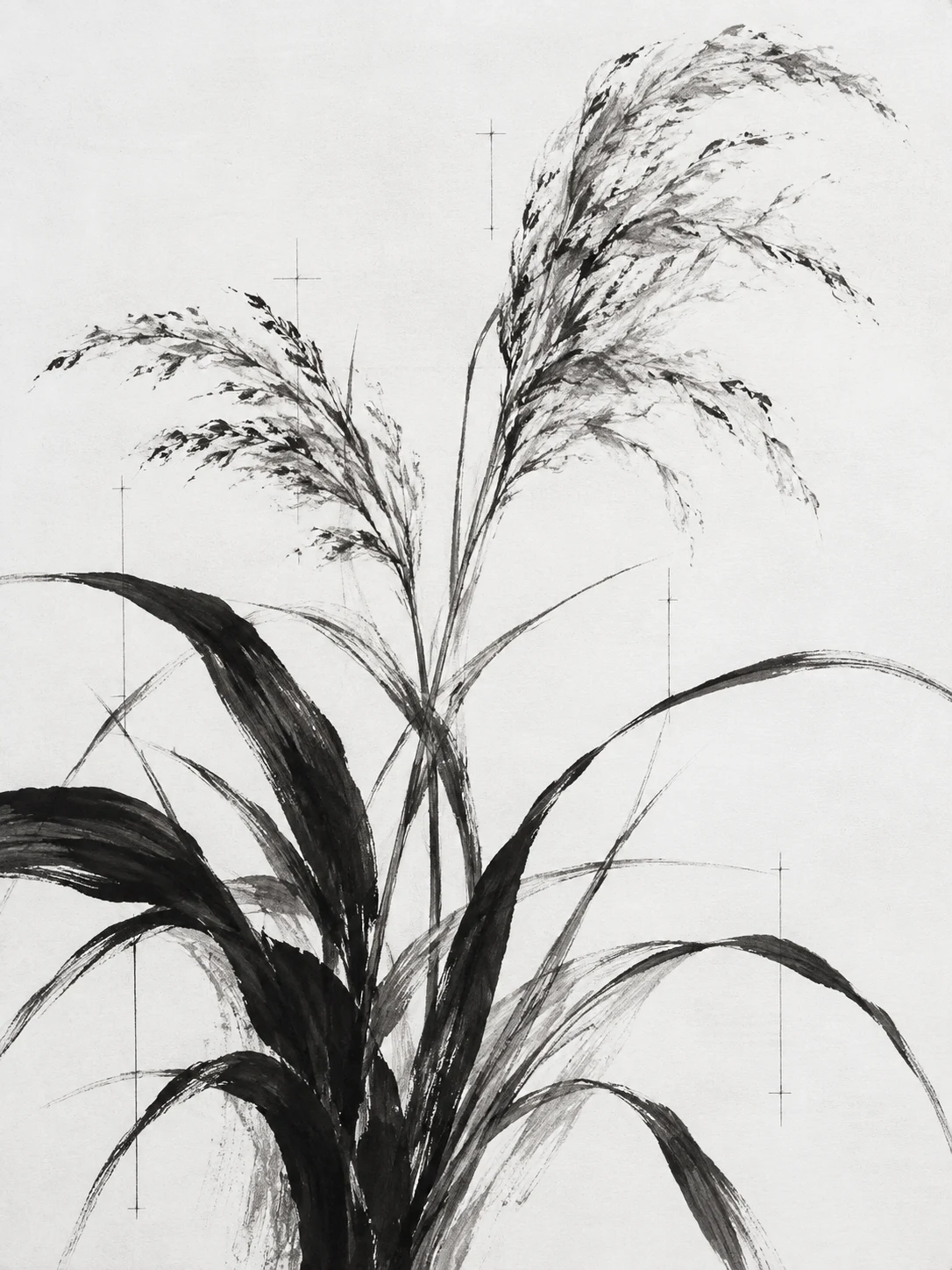 A wild grass plume in white, cream, gray, charcoal; portrait artwork.