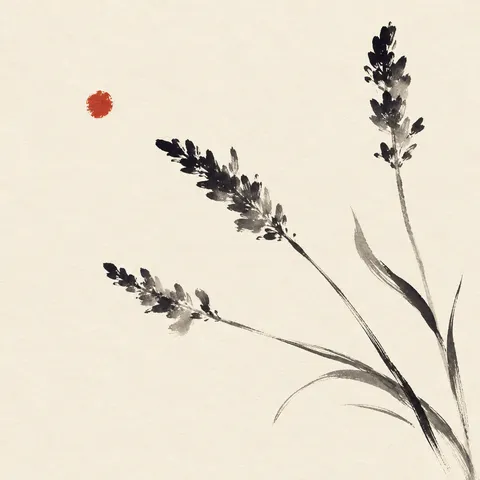 Three stems of lavender in white, stone; square artwork.