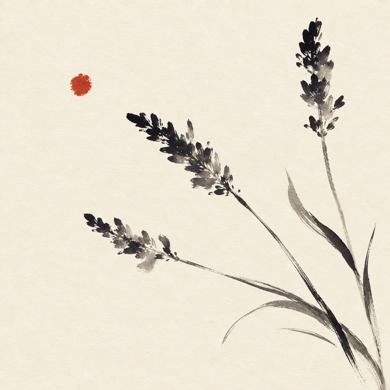 Three stems of lavender in white, stone; square artwork.