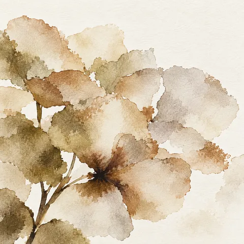 A pressed hydrangea head in cream, white, sand, stone; square artwork.