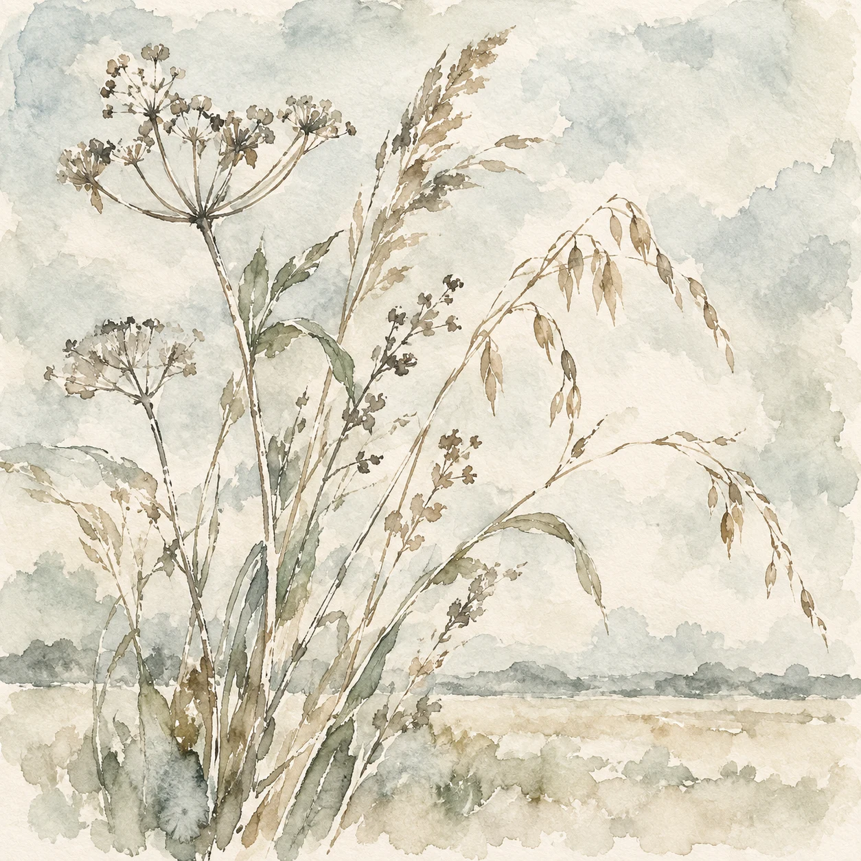 A cluster of dried grasses in a loose bunch in cream, stone, white, sand; square artwork.