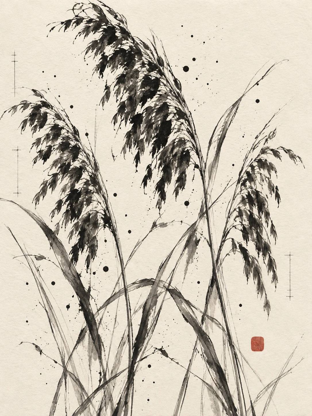 Three stems of sea oats with heavy seed heads in cream, gray, stone, charcoal; portrait artwork.