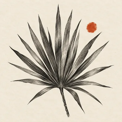 One saw palmetto frond fully open in cream, white, taupe, brown; square artwork.