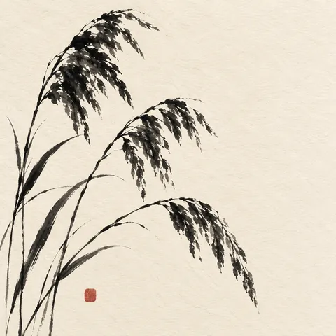 Three stems of sea oats with heavy seed heads in cream, white, charcoal, stone; square artwork.