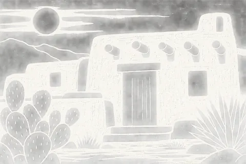 A desert adobe house in white, cream, gray, stone; landscape artwork.
