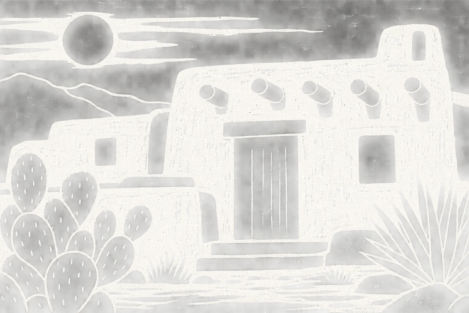 A desert adobe house in white, cream, gray, stone; landscape artwork.