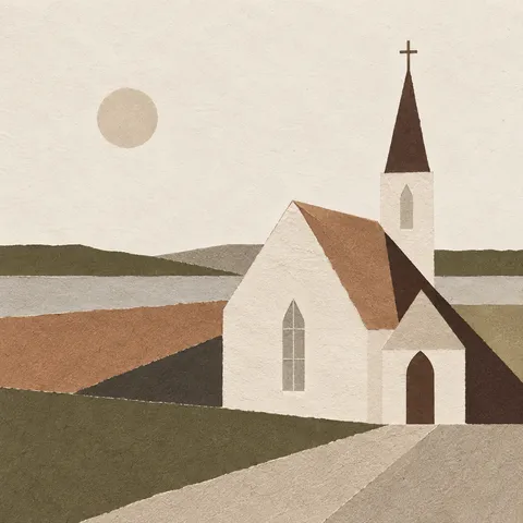 A white clapboard church in cream, brown, stone, olive; square artwork.