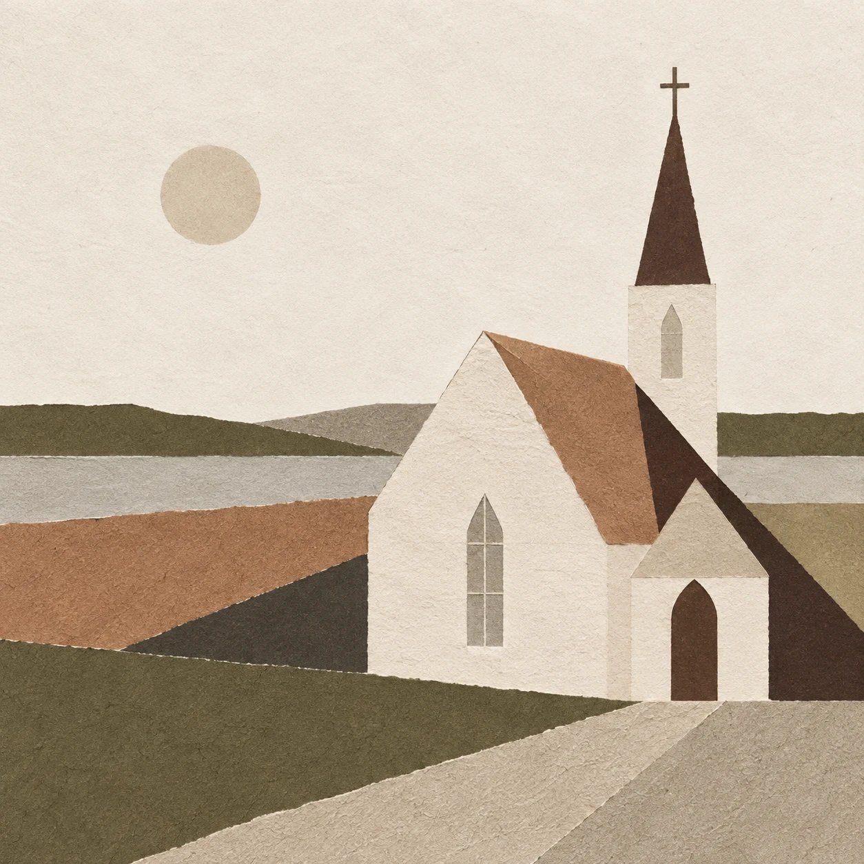 A white clapboard church in cream, brown, stone, olive; square artwork.
