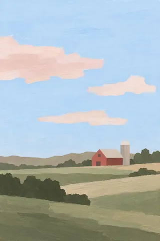 A red barn with a silo in cream, sage, taupe, olive; portrait artwork.