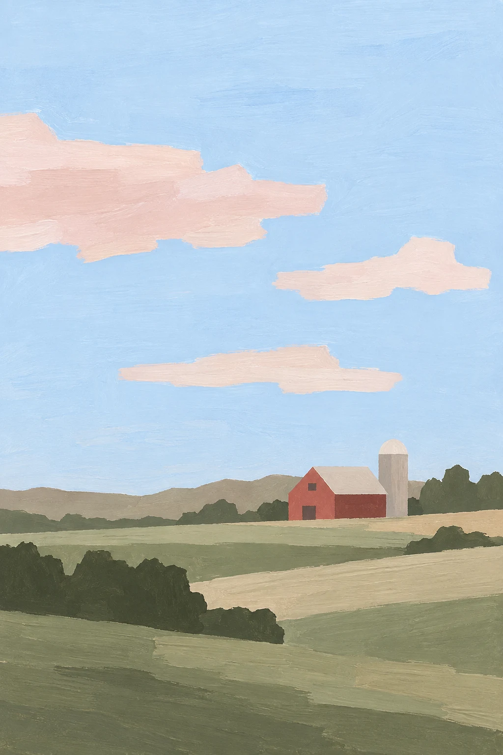 A red barn with a silo in cream, sage, taupe, olive; portrait artwork.