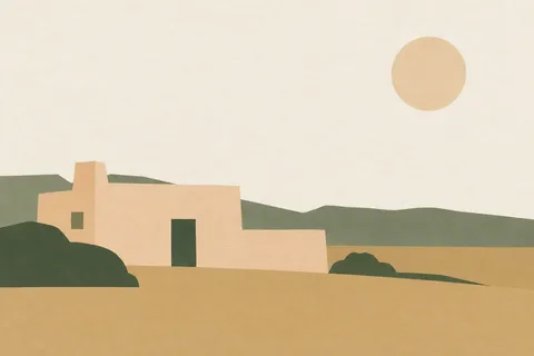 A desert adobe house in white, sand, taupe, stone; landscape artwork.