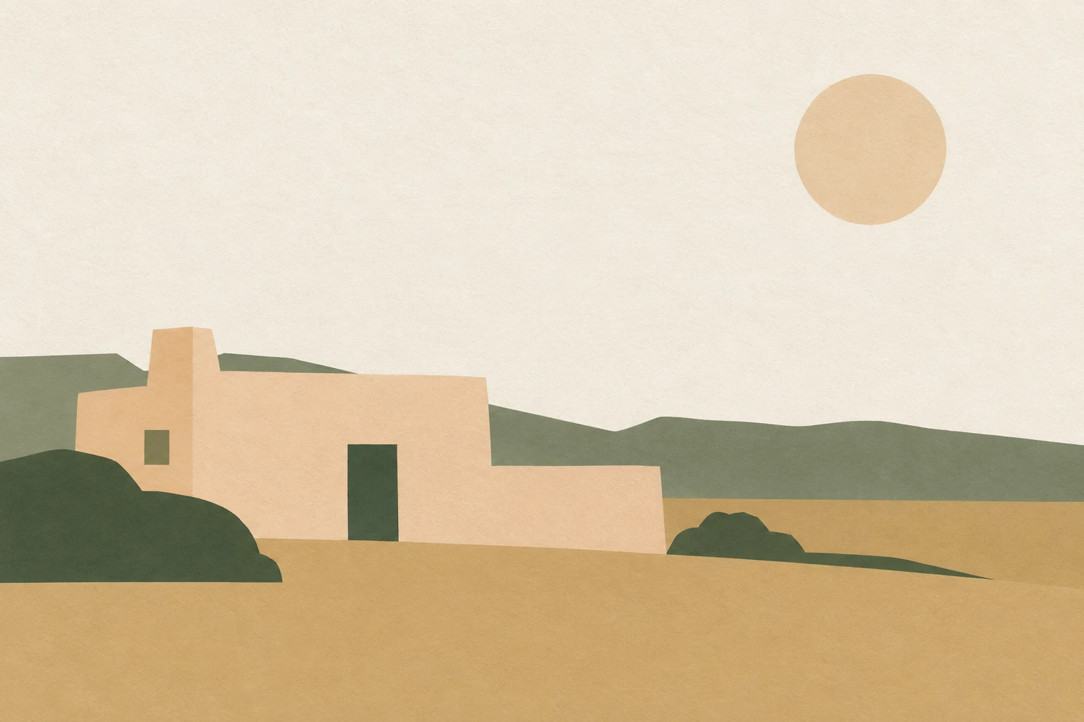 A desert adobe house in white, sand, taupe, stone; landscape artwork.