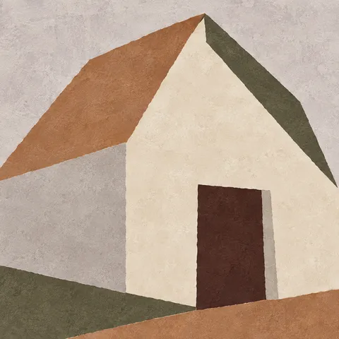 A barn gable end with one door in stone, cream, ochre, brown; square artwork.