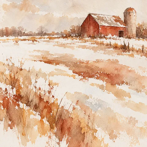 A red barn with a silo in cream, white, blush, sand; square artwork.