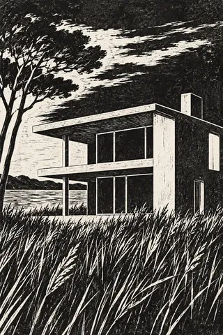 A mid-century house with a flat roof in charcoal, black, cream, gray; portrait artwork.