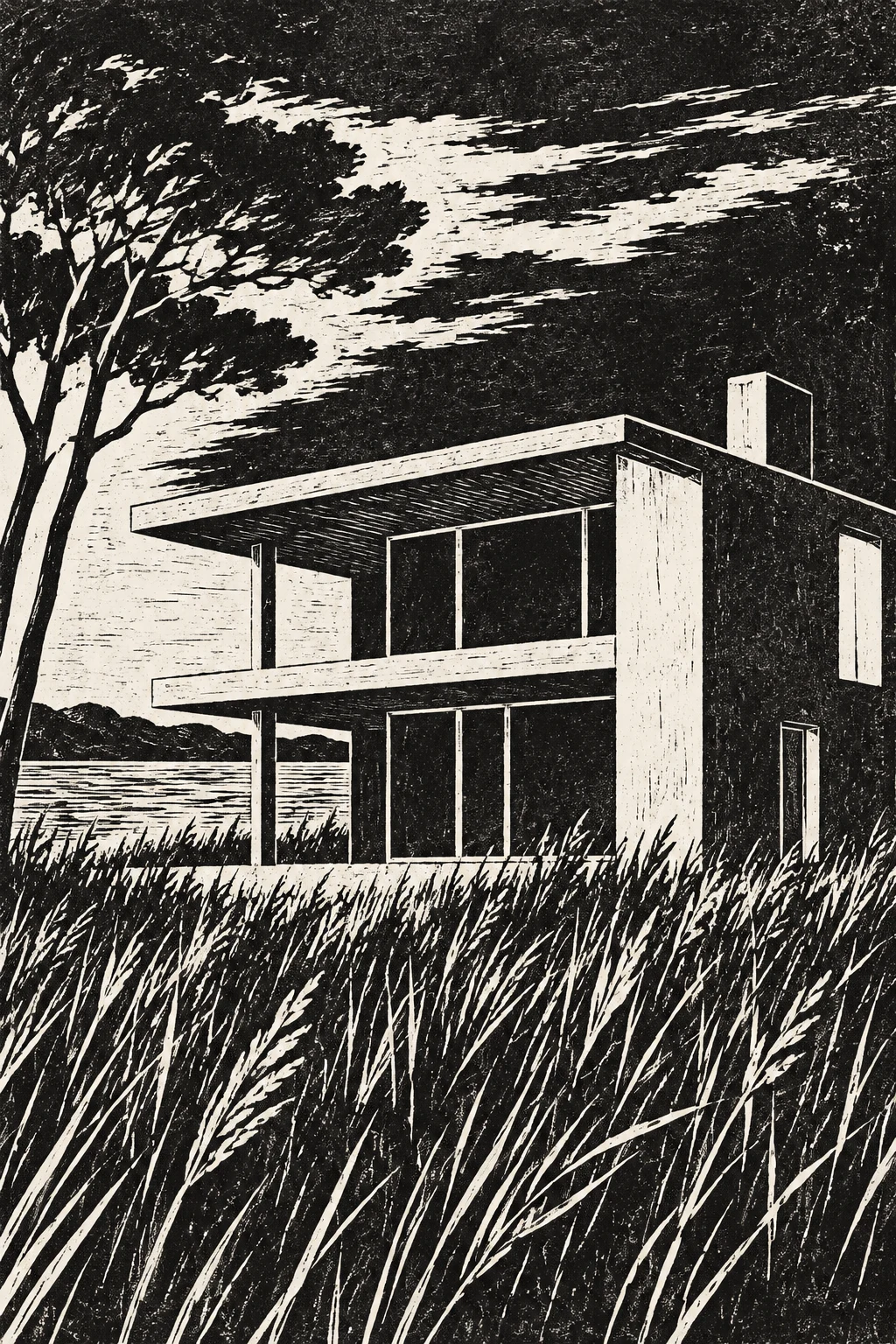 A mid-century house with a flat roof in charcoal, black, cream, gray; portrait artwork.
