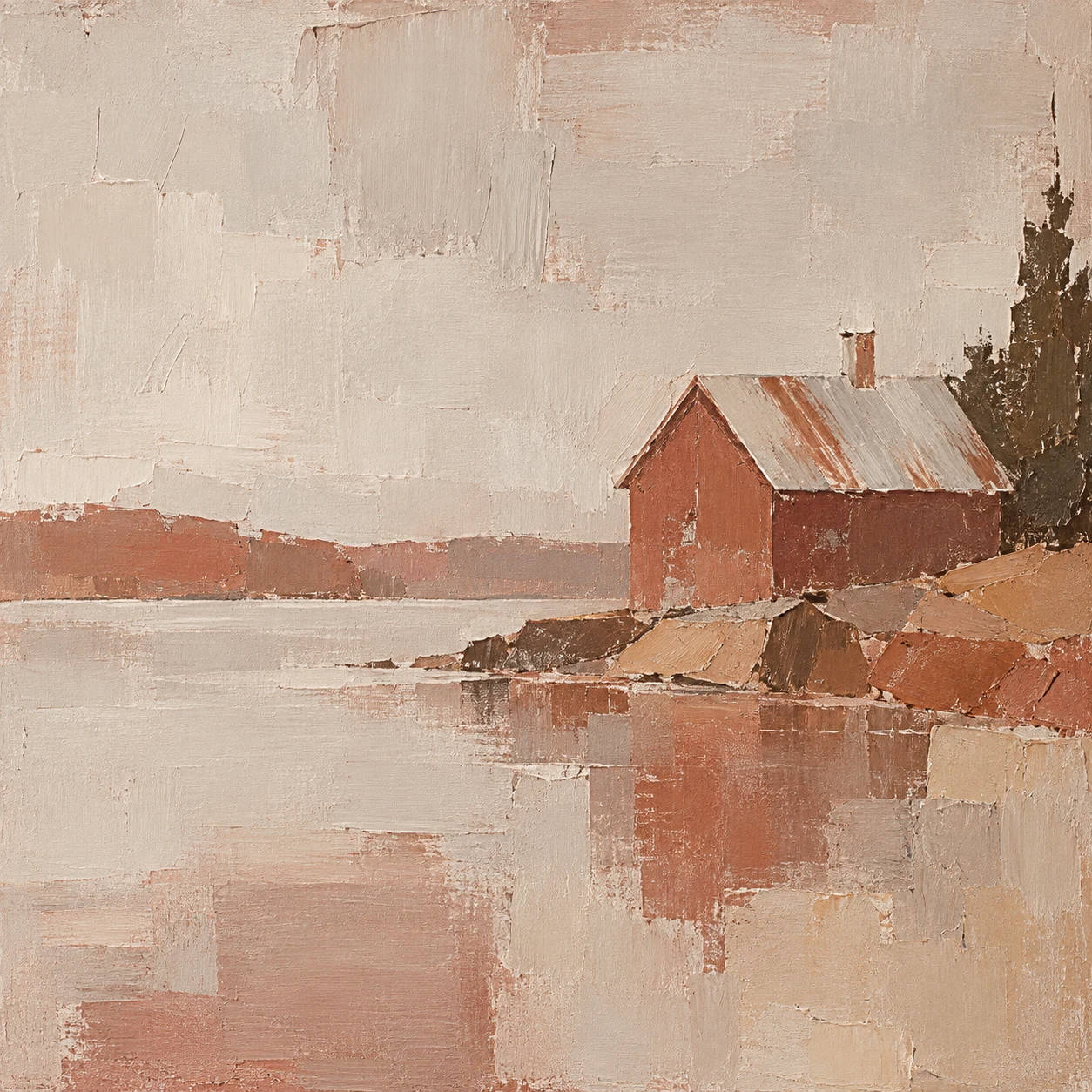 A lake cabin with a tin roof in stone, sand, ochre, cream; square artwork.