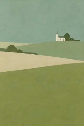 A white clapboard church in sage, taupe, stone; portrait artwork.